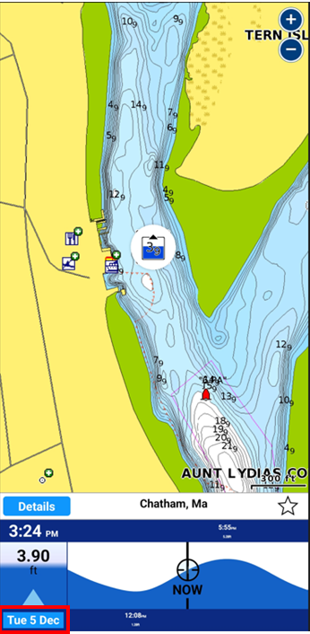 Map screen with tide prediction graph at bottom and date in lower-left of screen highlighted.