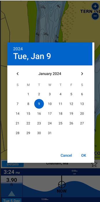 Screen showing calendar overlaid to select a date.