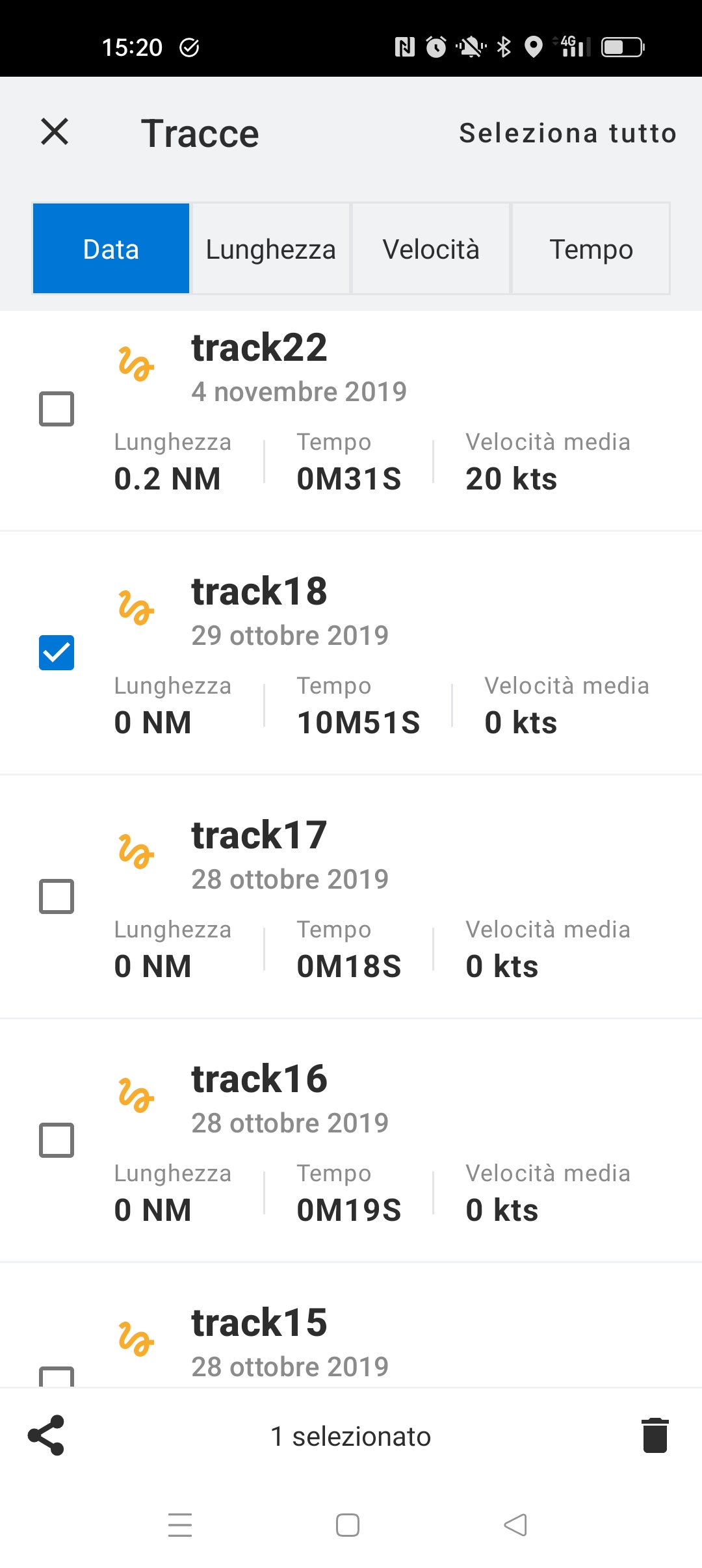 Lista tracce nella app Navionics Boating
