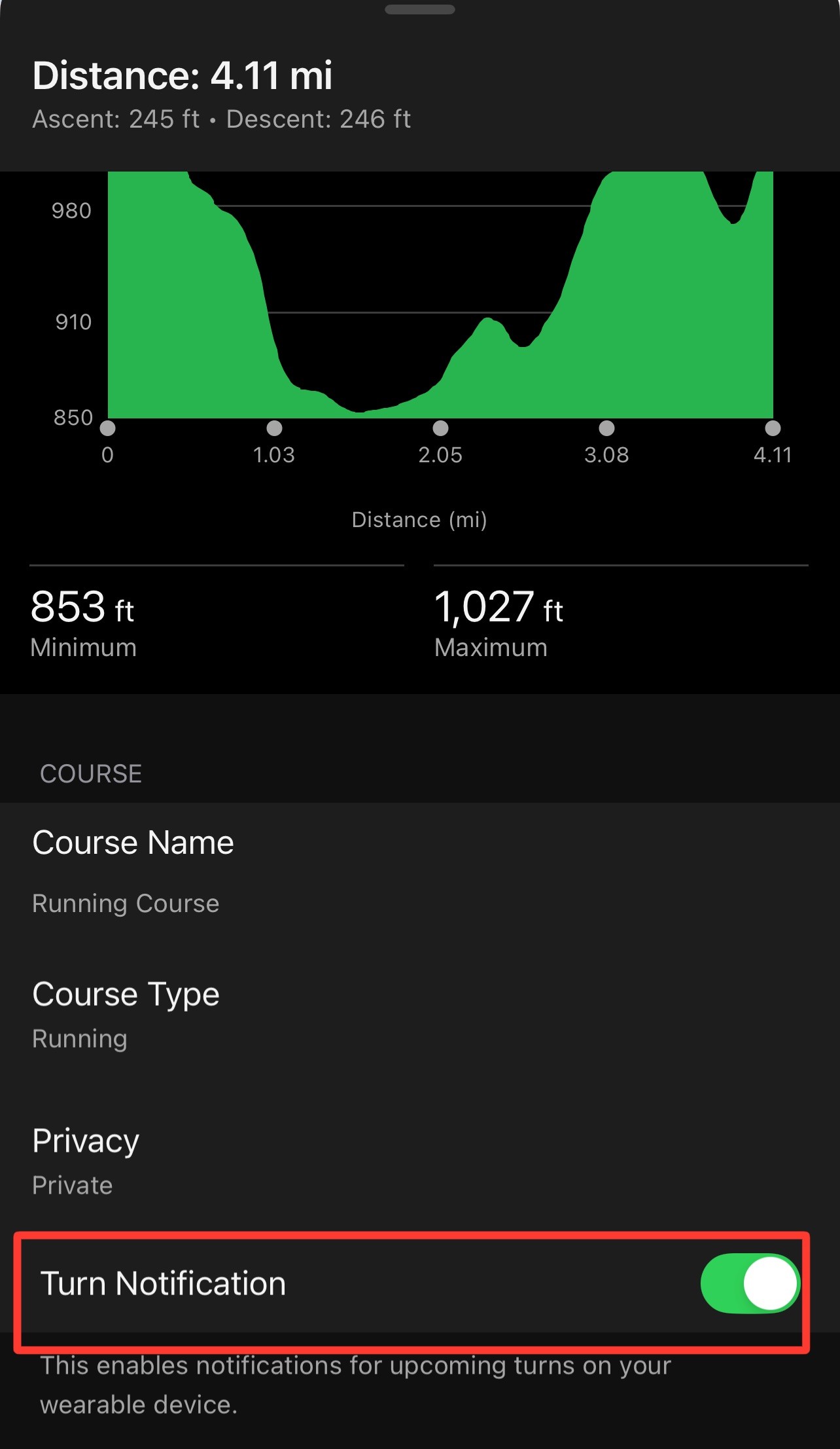 Garmin Connect app turn notification screen