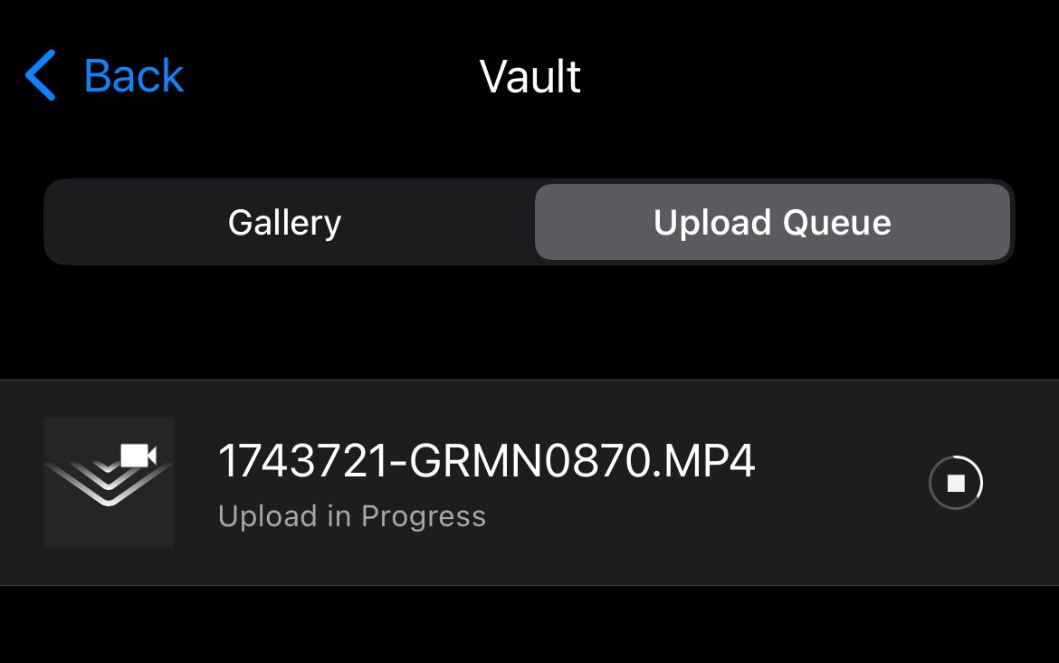 Varia App Vault Upload Queue with a video upload in progress