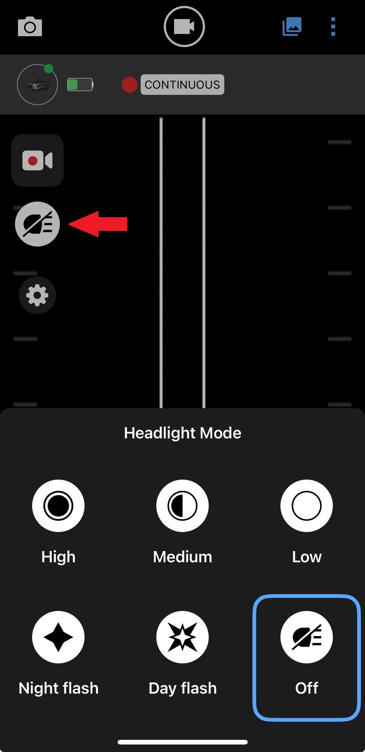Varia app with Headlight Mode options for the headlight, with off selected