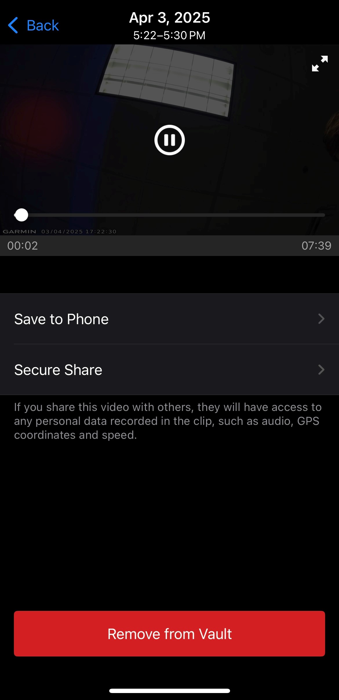 Video clip saved to vault with options to save to photos, secure share, or remove from vault.