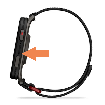 Button side of Venu X1 with arrow pointing in between the two buttons