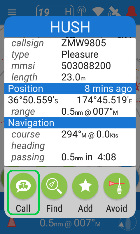 Vessel Hush showing selected