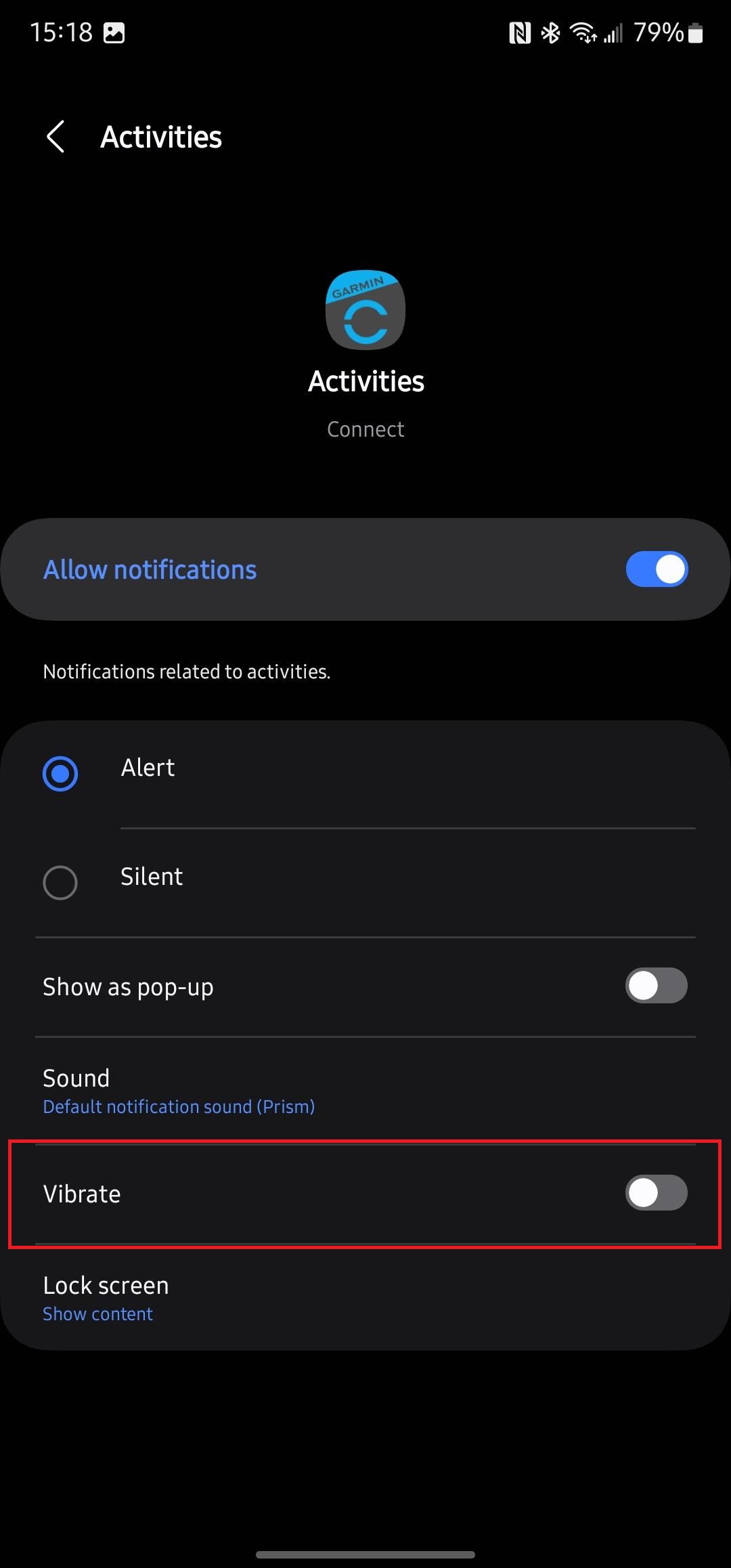 Vibrate highlighted with red box in individual notification category menu