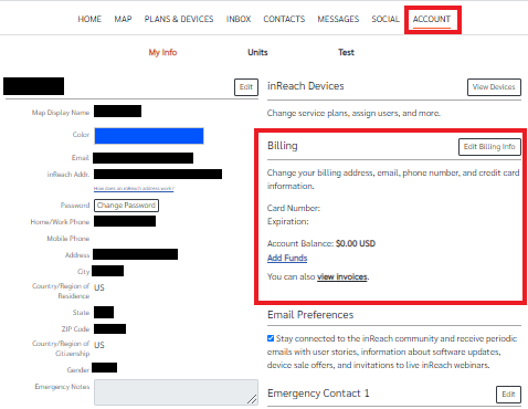Personal inReach Account Tab Billing