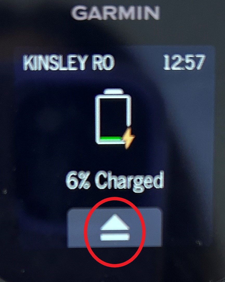 Garmin Bounce in Mass Storage Mode Showing the Eject Symbol and Charging Icon