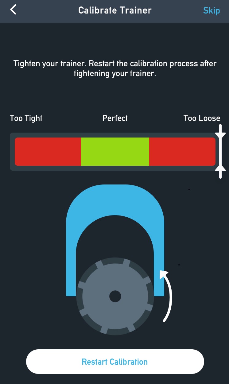 Tacx Training app calibration screen. Arrows in red not green showing too loose.