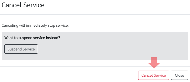 Red Arrow Pointing to Cancel Service Confirmation