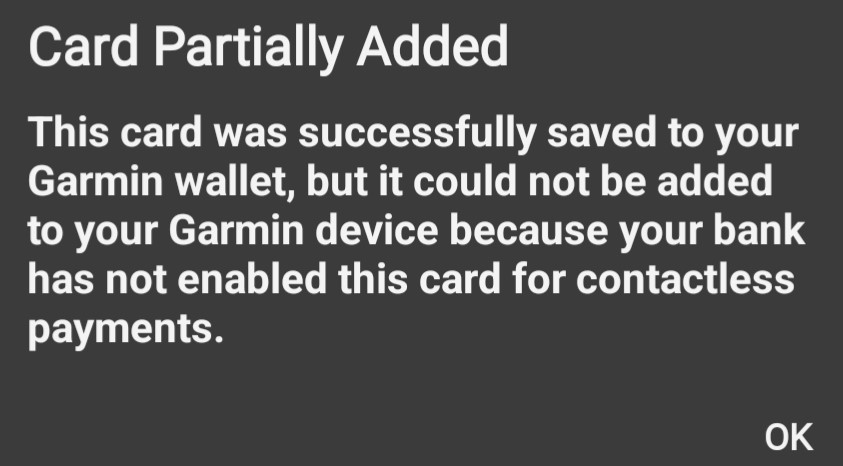 Screenshot from mobile device indicating that card is partially added.