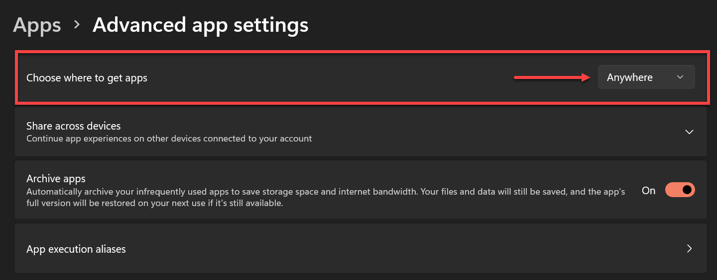 Choose where to get apps win11