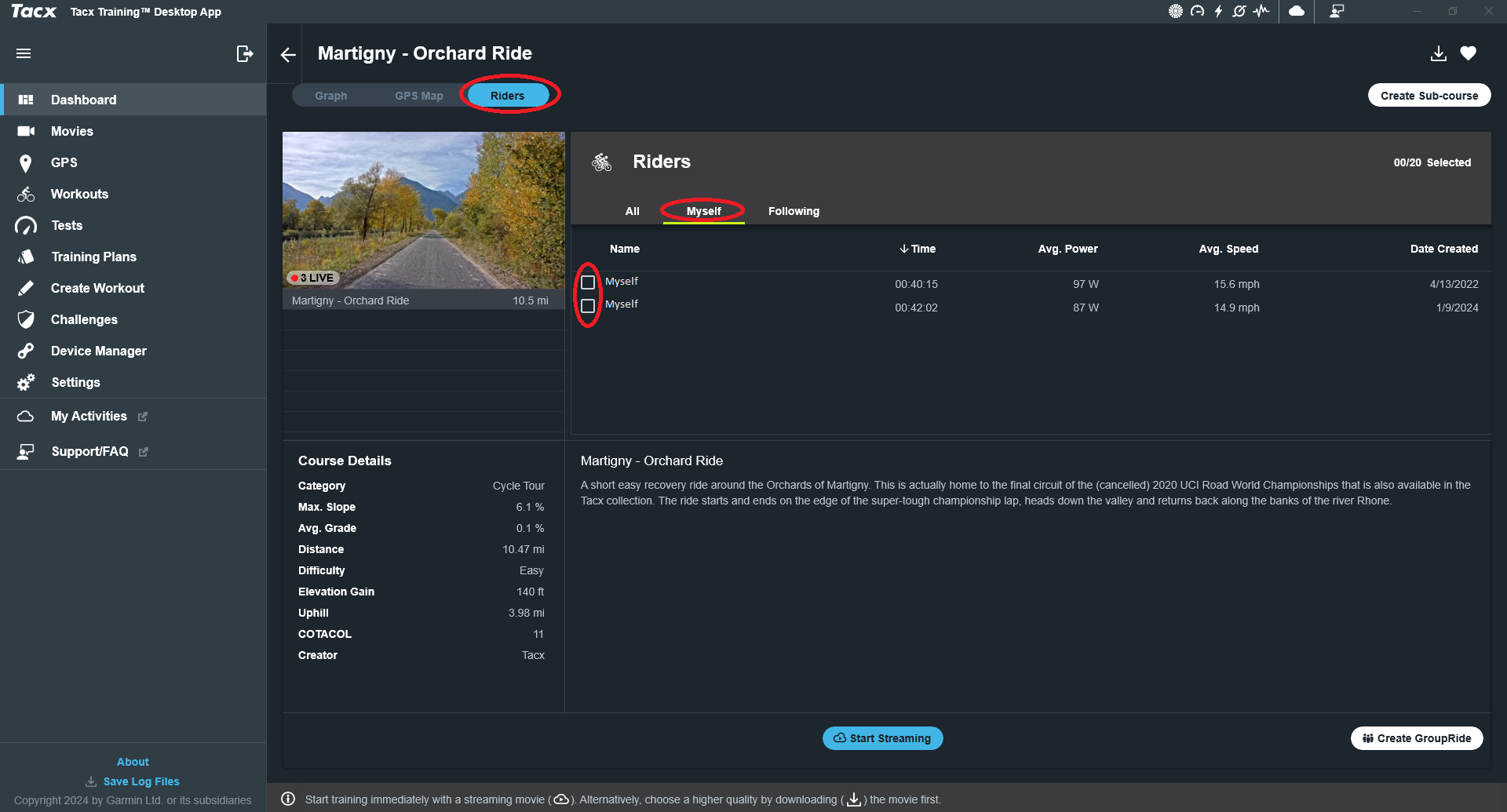 screenshot of steps to compete against myself in Tacx