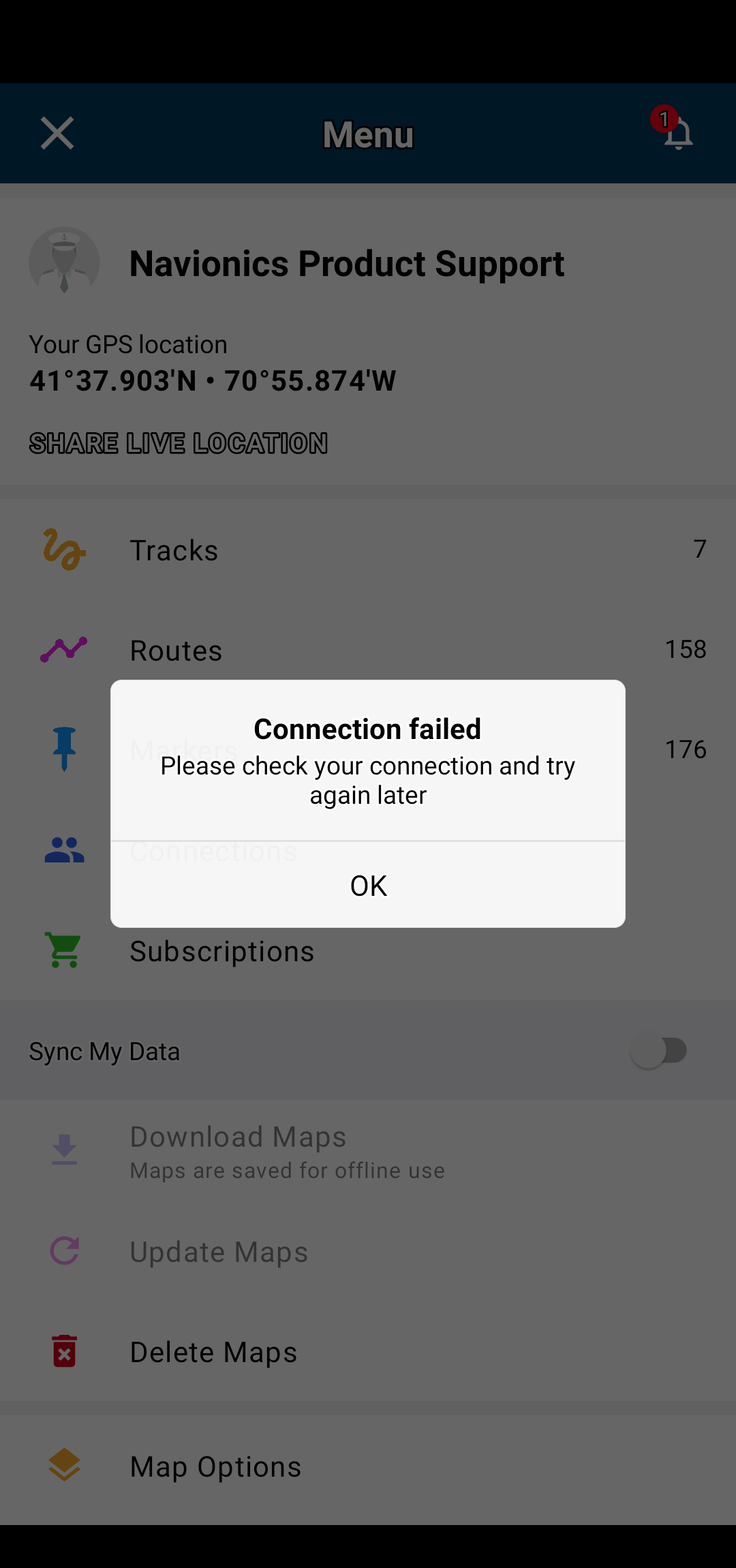 Connection failed message in the Boating app.