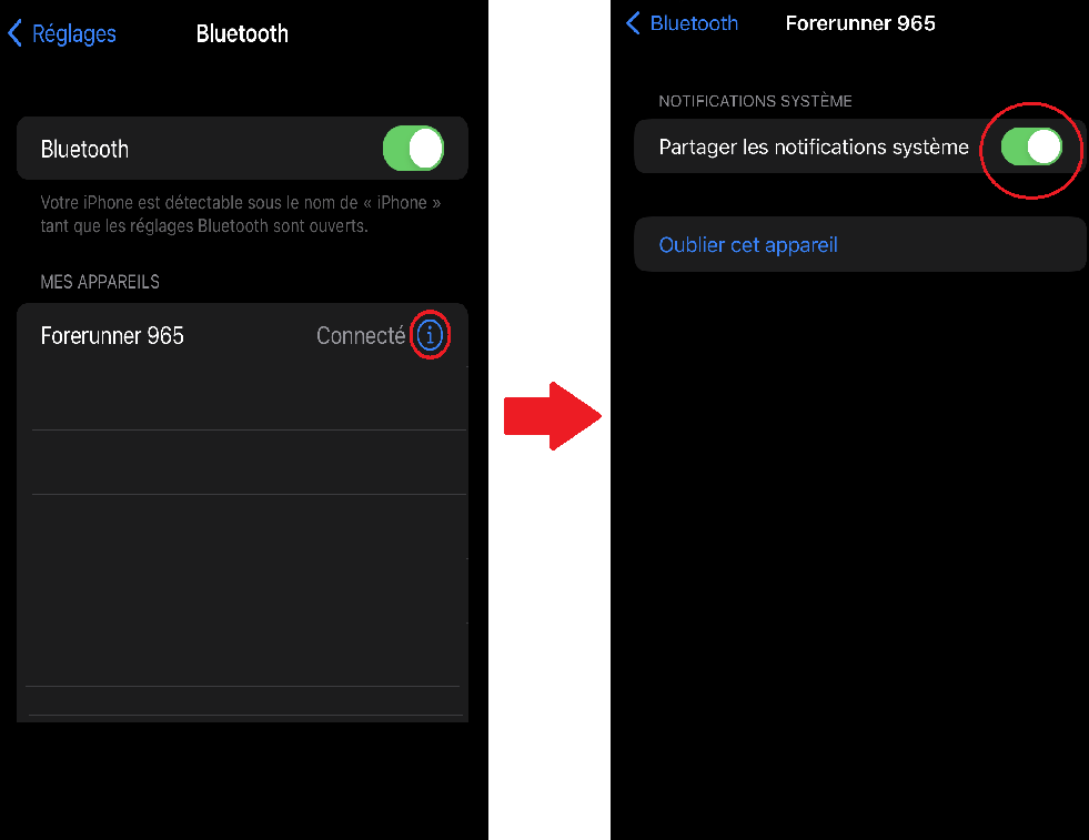 Capture d'écran montrant les paramètres Bluetooth de l'iPhone