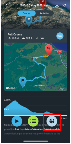 Screenshot showing create group ride in the tacx app