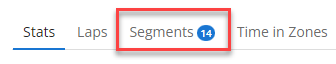 Screenshot from Connect page showing stats, laps, segments and Time in Zones. Segments has a red border.
