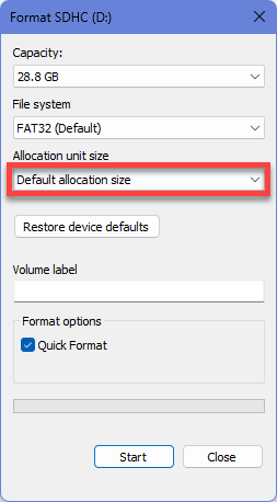 Default Allocation Size win11