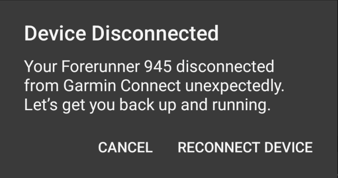 Device disconnected message in the Garmin Connect app