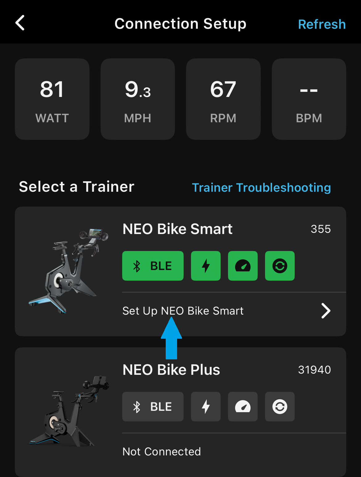 Device Manager Screen with NEO Bike Plus connected and blue arrow pointing to Set Up Neo Bike Plus