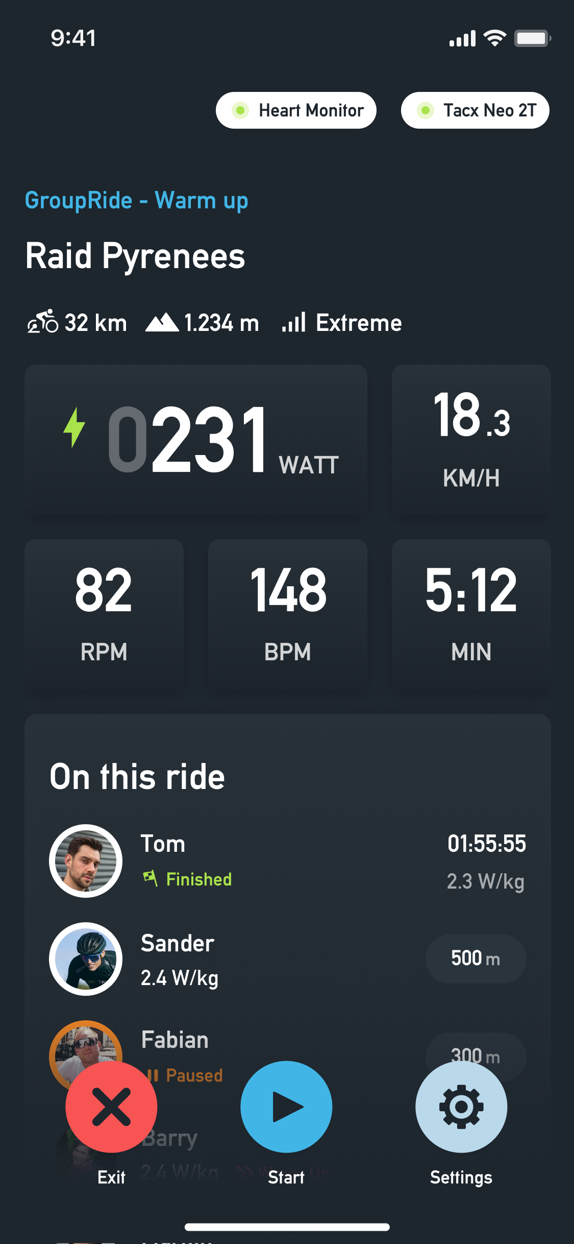 screenshot showing groupride warm up in the Tacx mobile app