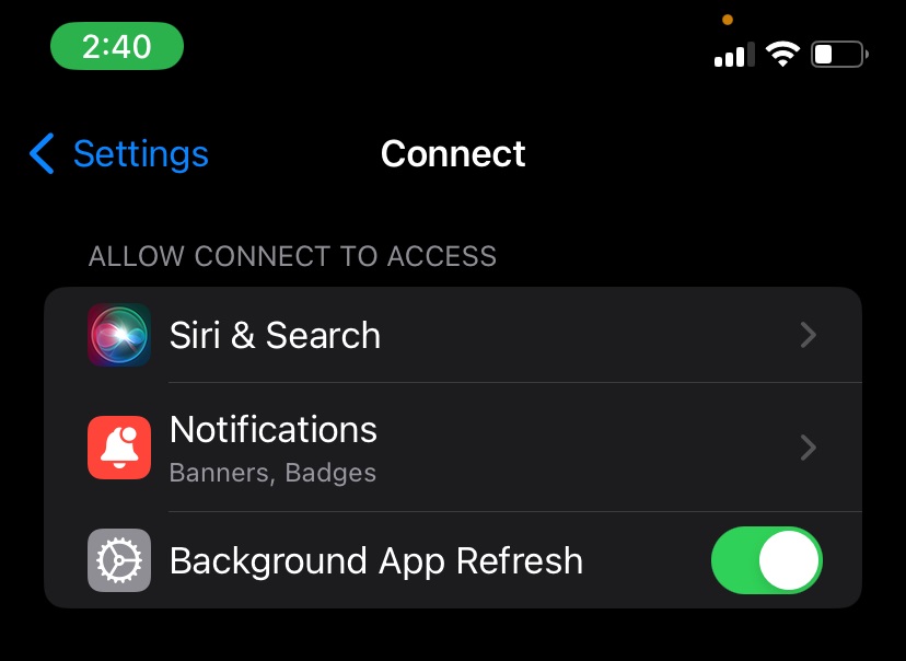 Connect Permissions where many settings are not displayed