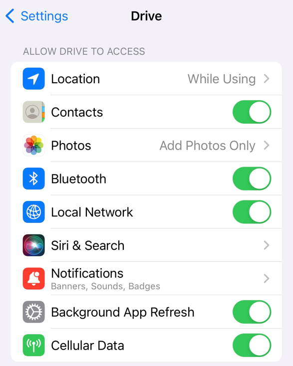 iPhone Drive app Permissions.