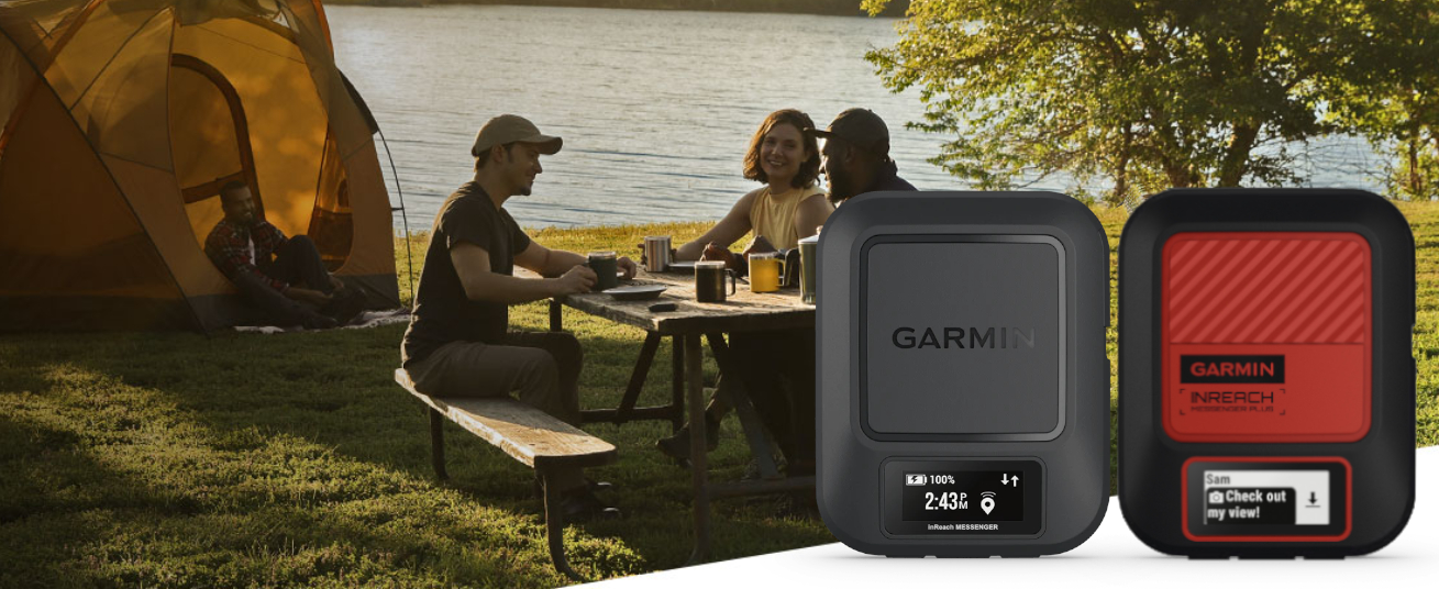 Group Sitting Around Campsite with inReach Messenger Series Displayed