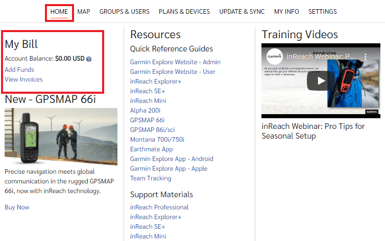 inReach Professional My Bill on Home Page