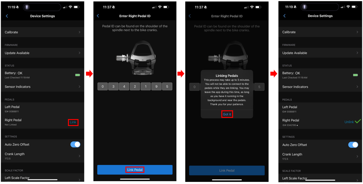 screenshots of linking pedals in garmin connect app