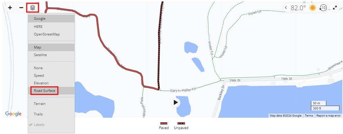Garmin Connect web map of ride with solid line for paved and dotted line for unpaved
