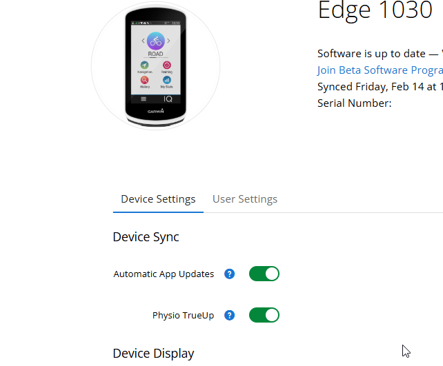 Edge 1030 page in Garmin Connect with sliders for Automatic App Updates and Physio TrueUp