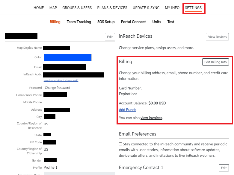 inReach Professional Settings Billing