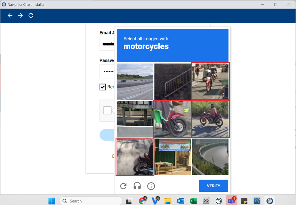 reCAPTCHA security screen requesting to select images with motorcycles