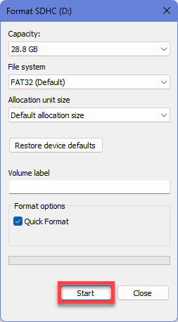 Select start format win11