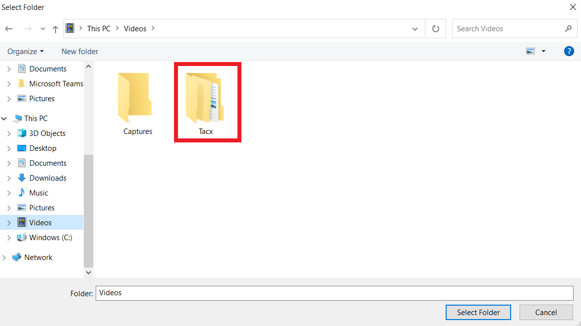 Windows file directory with red border around Tacx Folder