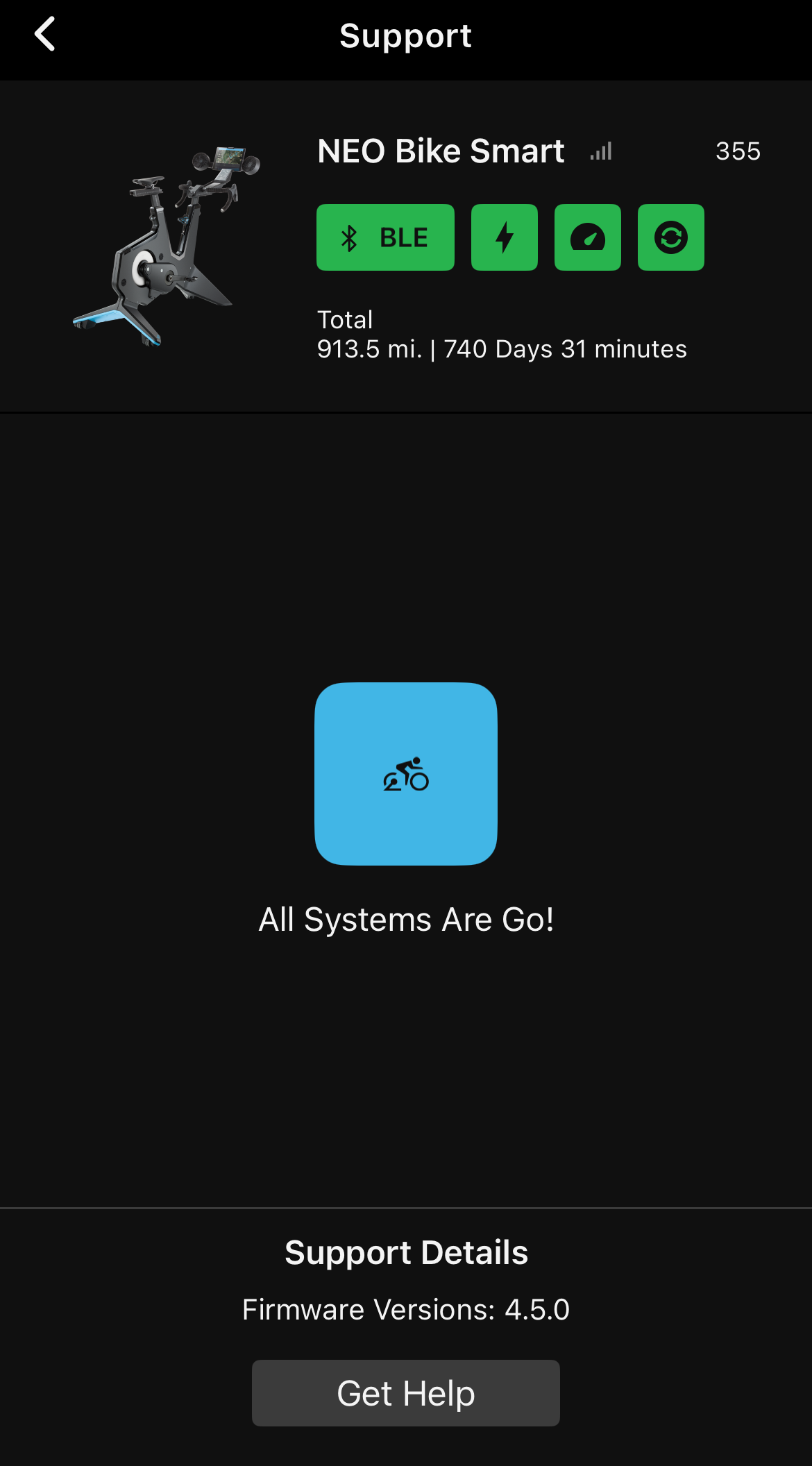 Support Tool showing Neo Bike Smart Connected and All Systems Are Go message