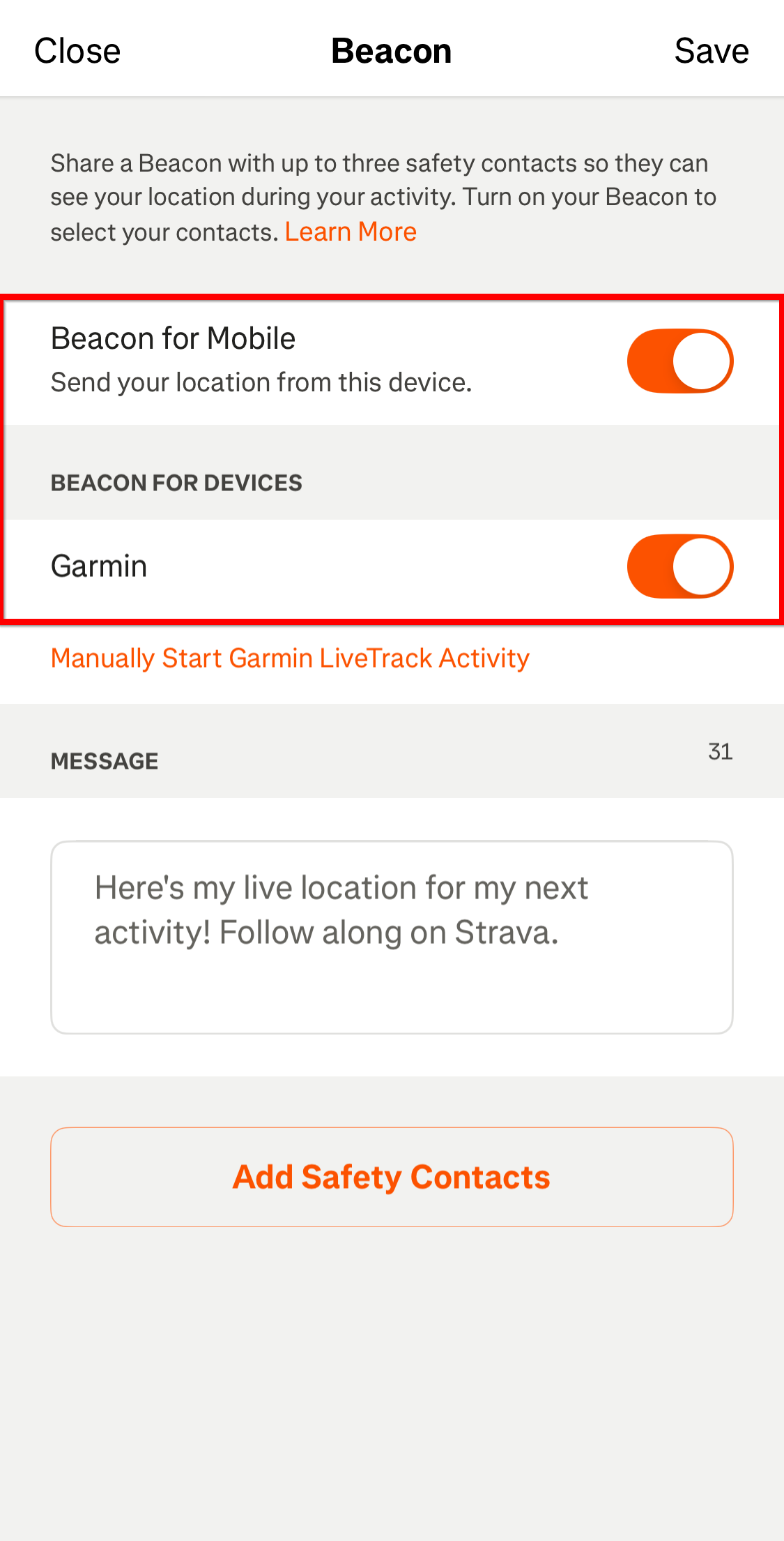 Strava settings with Beacon settings highlighted