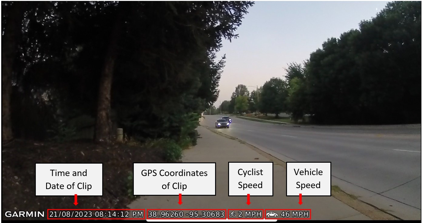 Varia RCT715 clip with time and date, coordinates, rider speed, and vehicle speed displayed