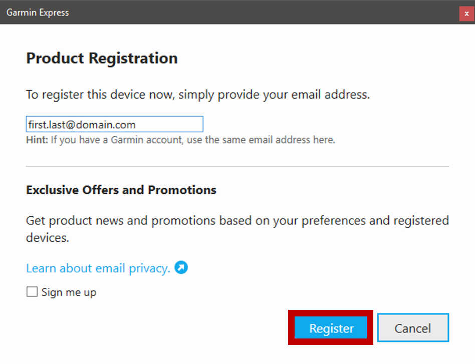 My Garmin Product Registration