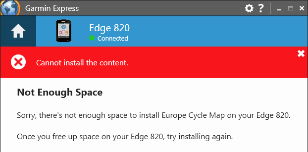 Garmin Edge Not Enough Space Error In Garmin Express Garmin Support