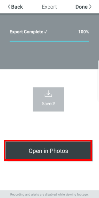 Export Complete screen with Red box around Open in Photos