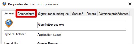 Red box around Compatibility tab under Garmin Express Properties