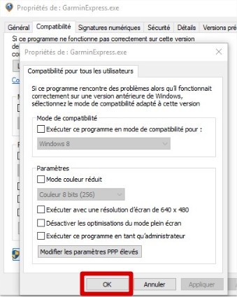 Red box around OK on the Garmin Express.exe Properties window